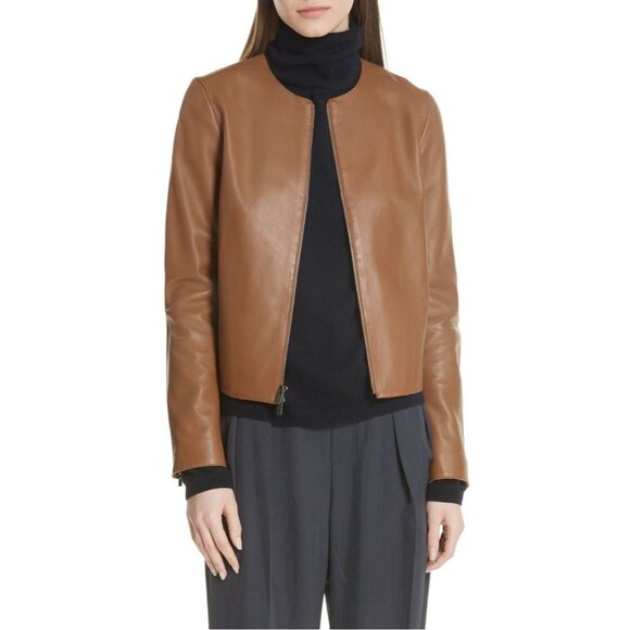 VINCE Saddle Brown Lamb Leather Zip Front Minimalist Collarless Jacket, Size S - Picture 1 of 16